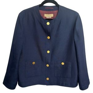 Gucci Uniform Linen Blend Blazer Jacket with Brass Buttons Navy Blue Size EU 44